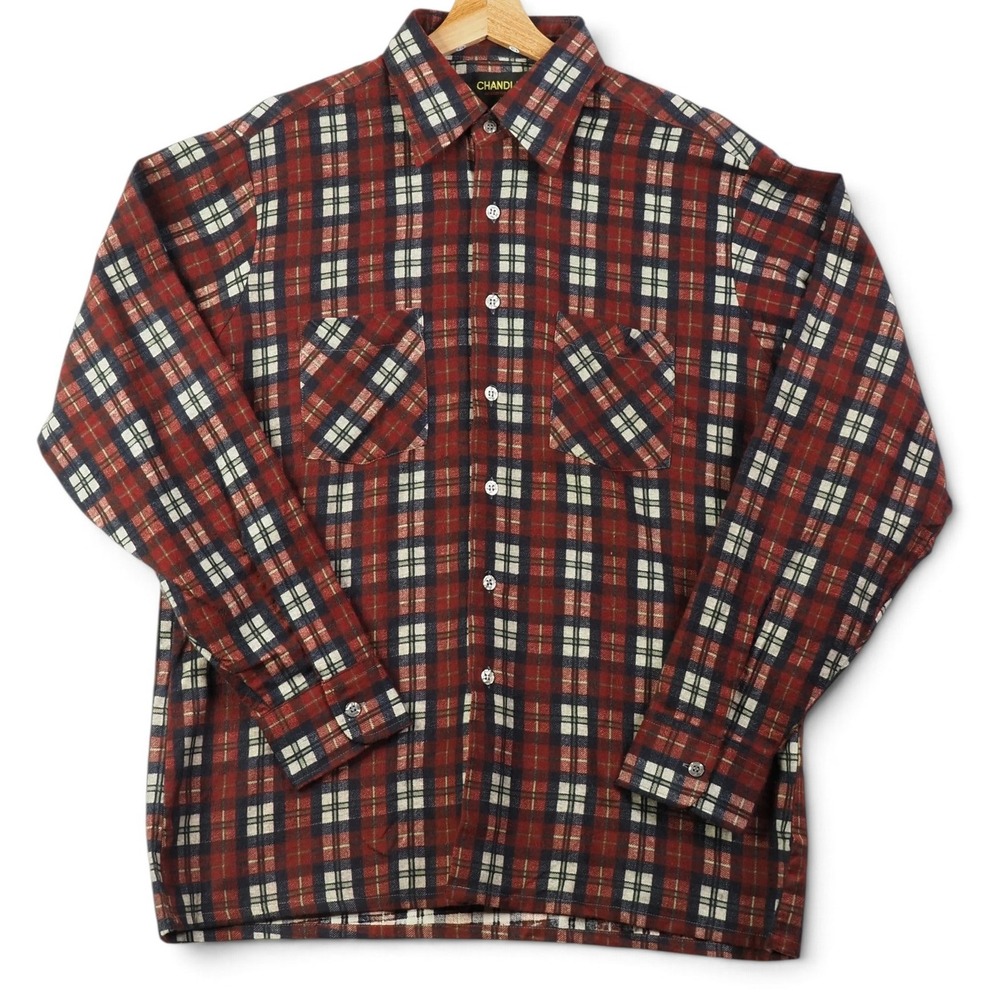 Chandler Mens Flannel Shirt Large Red Plaid Vintage 70s Deadstock Workwear